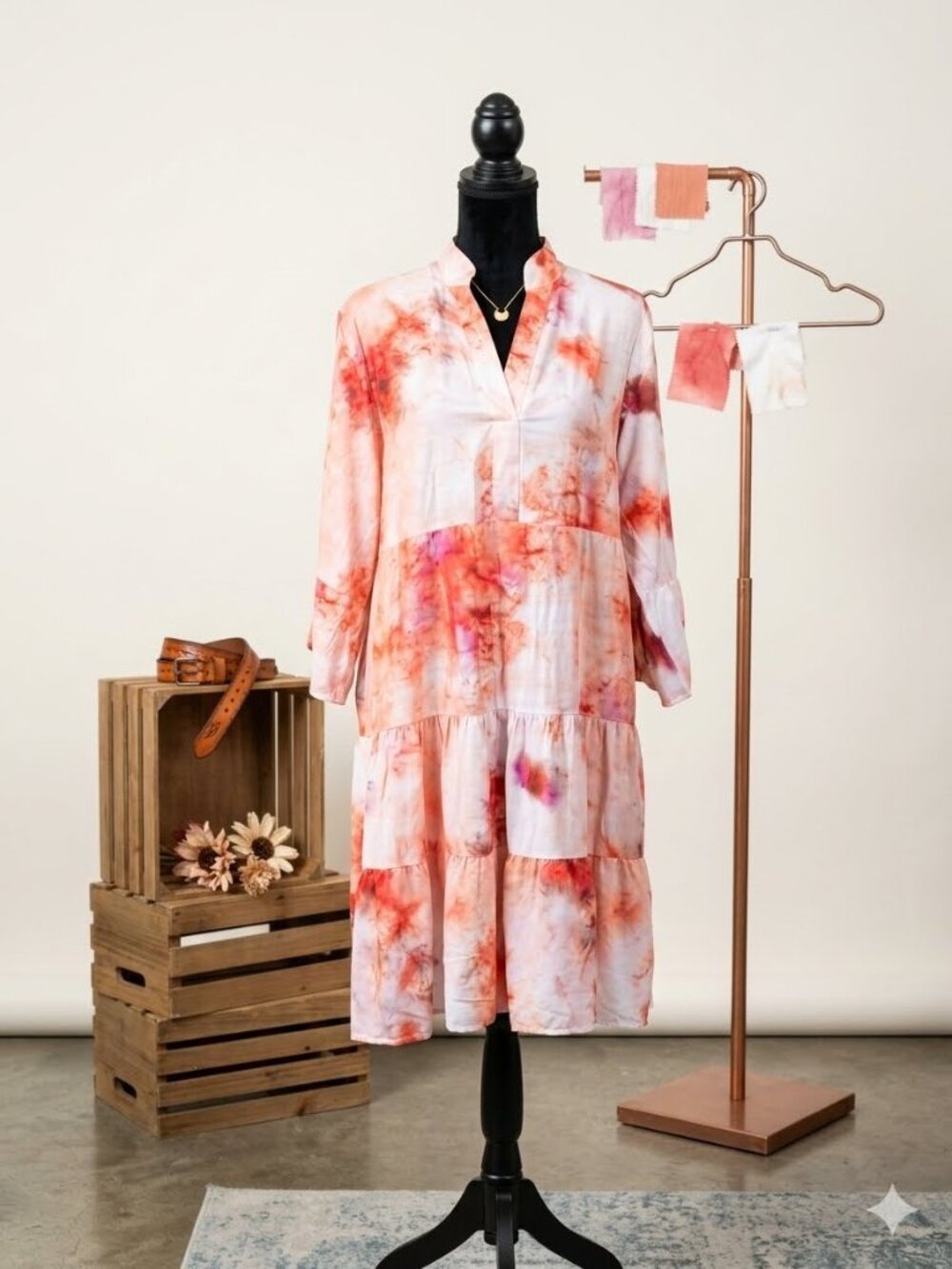 Pink White Tie Dye Dress Cotton Casual Summer Dress Size M